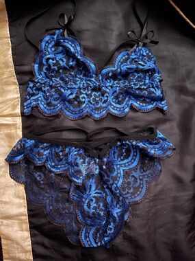Blue & Black Lace Bralette and Bikini Set - Women's Intimates